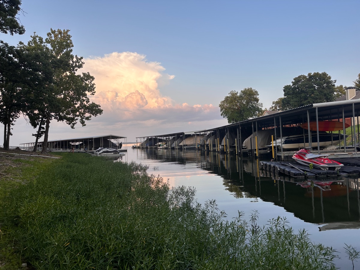 Boat docks at Monkey Island, Newport Village on Grand Lake