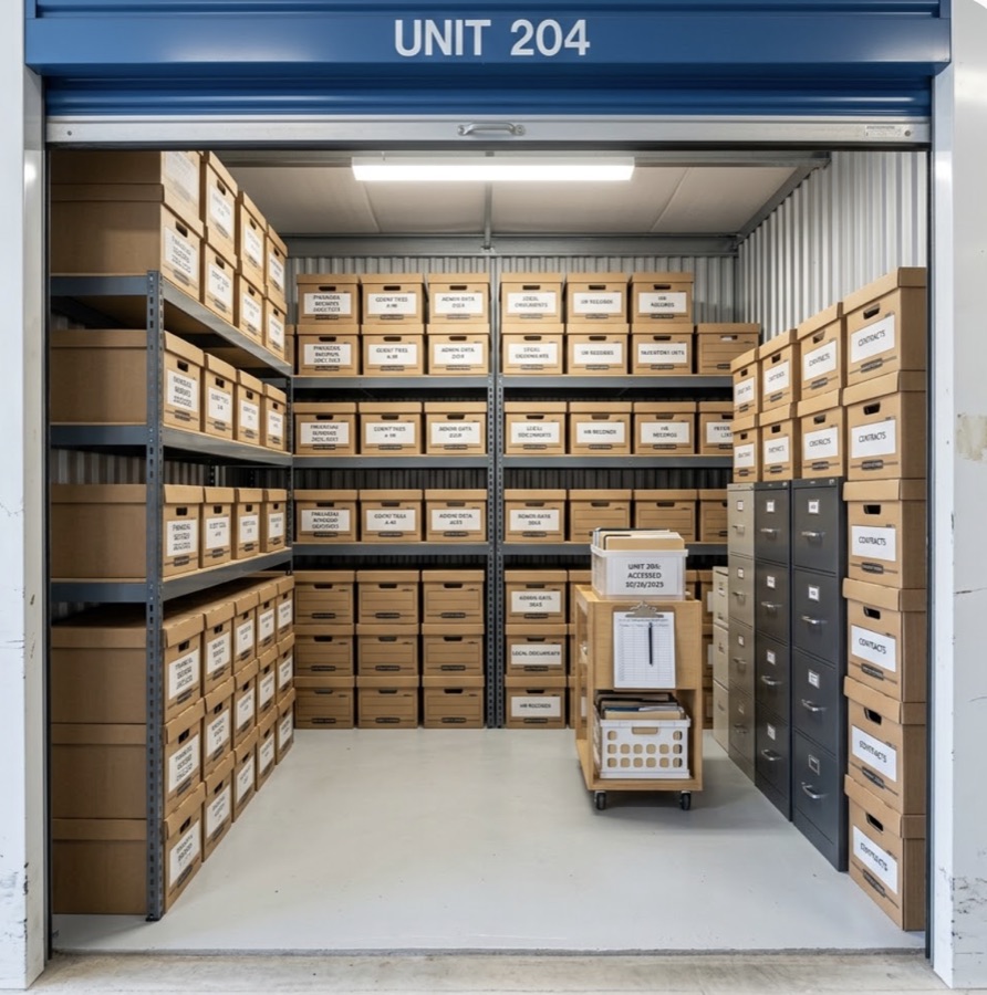 Shelving stacked with archive boxes and filing cabinets inside a storage unit