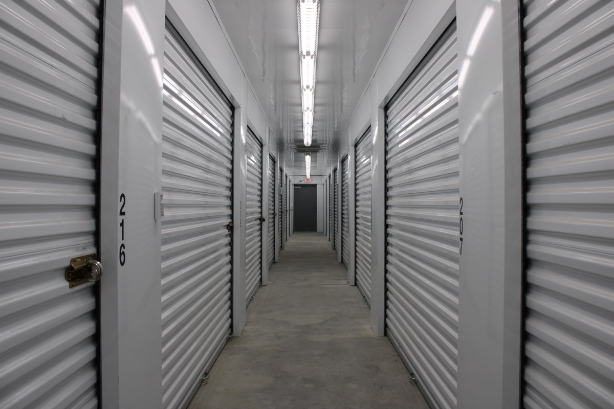 Interior corridor of climate-controlled storage units at an Arborstone Storage facility